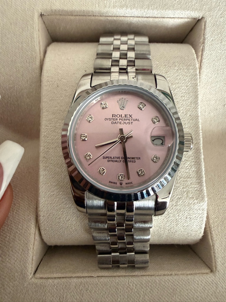 Rolex Datejust Silver Watch With Pink Dial And Diamond Markers